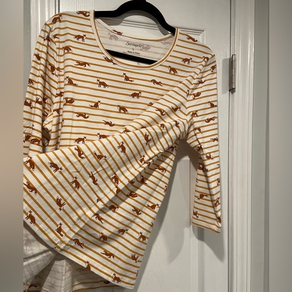 NWOT Serengeti Size L Mustard Stripe Red Fox Long Sleeve Crew Neck Tee Shirt - Picture 6 of 11